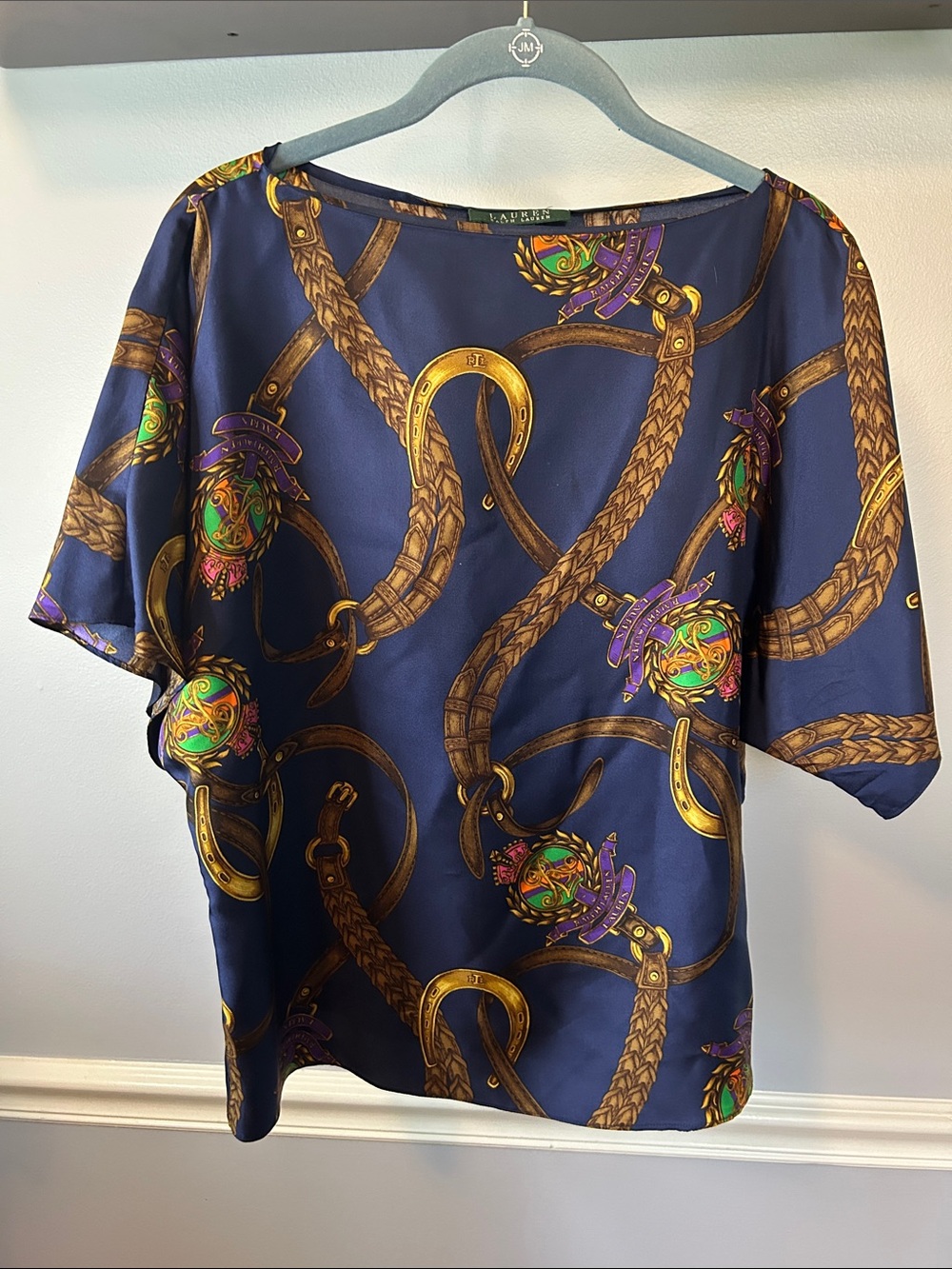 Ralph Lauren Navy Silk Equestrian. Scarf-Print Blouse with Gold Accents